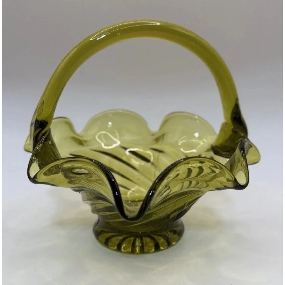 Vintage Glass Basket Swirl Glass Pedestal Avocado Green 5” Tall Bubbles